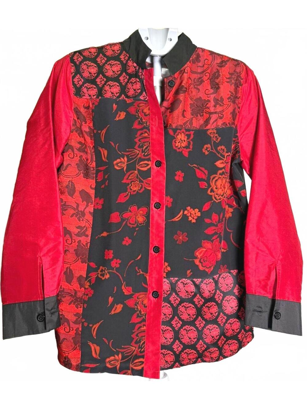 KOOS OF COURSE BLOUSE LONG SLEEVE BUTTON UP 100%SILK S ART TO WEAR RED BLK NWOT